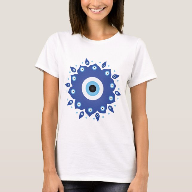 Mandala Greek Evil Eye Blue White T-Shirt (Front)