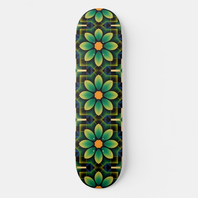 Mandala Green and Yellow Floral Geometric Pattern  Skateboard (Front)