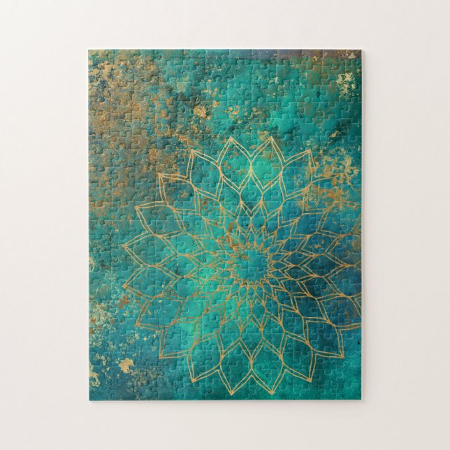 Mandala Grunge Gold on Teal Abstract Jigsaw Puzzle (Vertical)