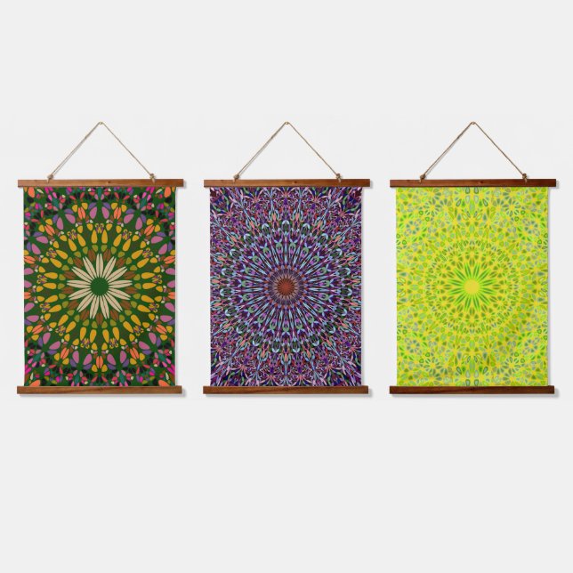Mandala Harmony Wall Tapestry Wood-Topped Vertical (Triple)