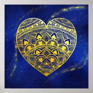 Mandala Heart Luminous Gold and Blue Print