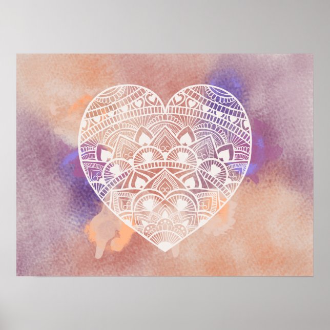 Mandala Heart Soft Peach Purple Watercolor Print (Front)