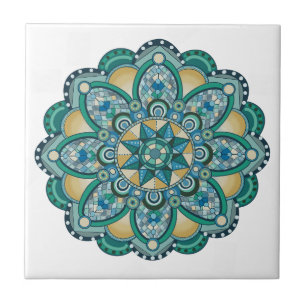 Mandala in blues, greens, and gold ceramic tile