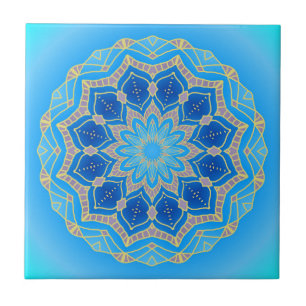 Mandala in electric blue and turquoise ceramic tile