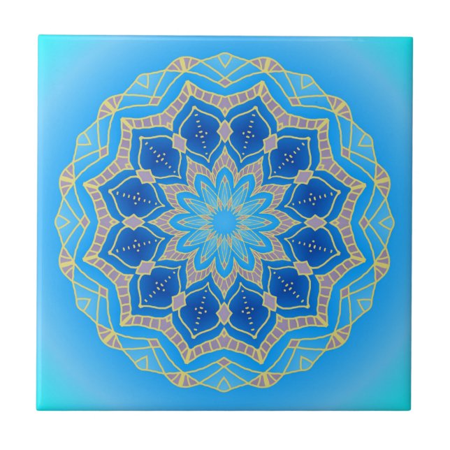 Mandala in electric blue and turquoise ceramic tile (Front)