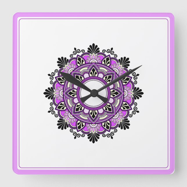 Mandala in pink & purple square wall clock (Front)