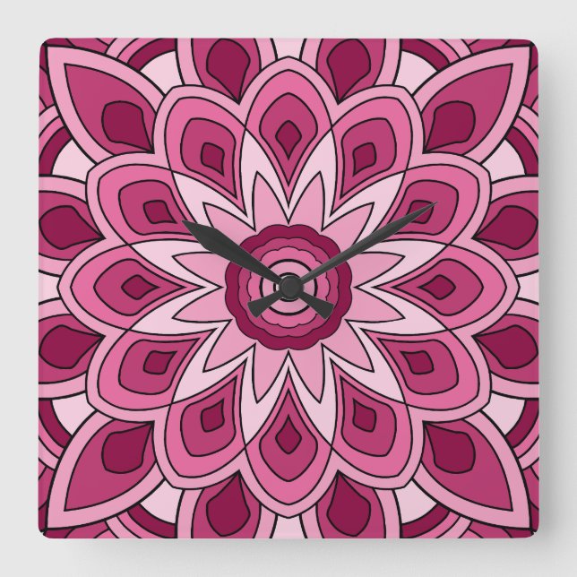 Mandala in pink square wall clock (Front)