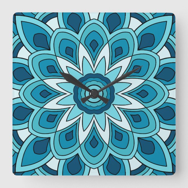 Mandala in teal green square wall clock (Front)