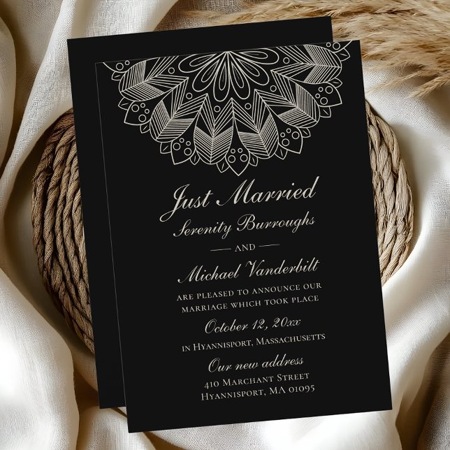 Mandala Indian Boho Black Just Married Wedding Announcement (Creator Uploaded)