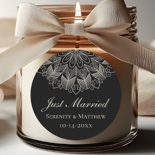  Mandala Indian Boho Black Just Married Wedding Classic Round Sticker