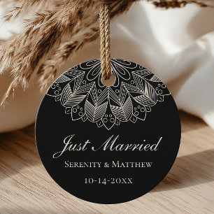 Mandala Indian Boho Black Just Married Wedding Favour Tags