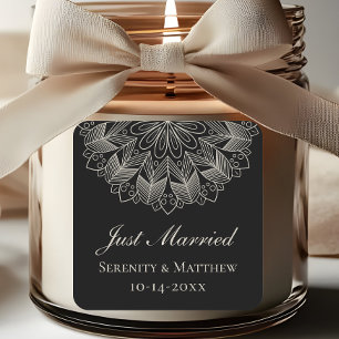  Mandala Indian Boho Black Just Married Wedding Square Sticker