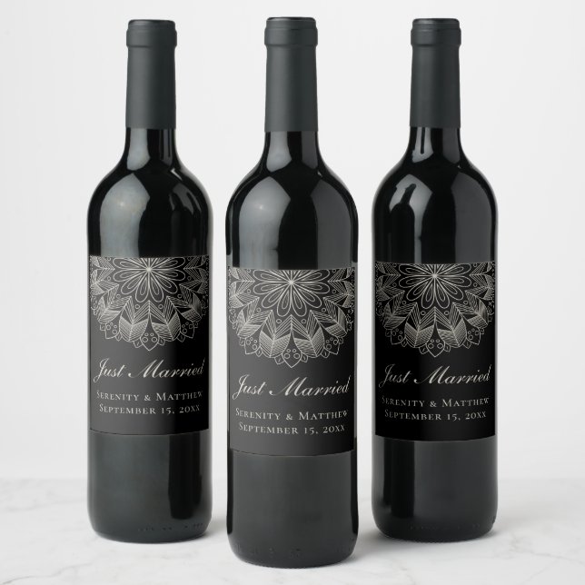 Mandala Indian Boho Black Wedding Just Married Wine Label (Bottles)