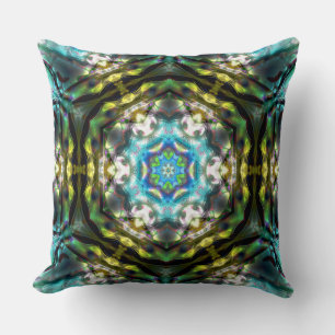 Mandala inside hexagon old green hammered metal cushion