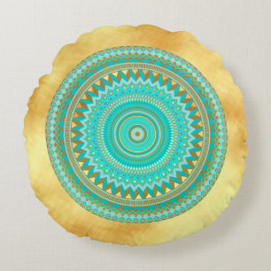 Mandala Iris Blue Brown Gold on Gold Backgrou Round Cushion