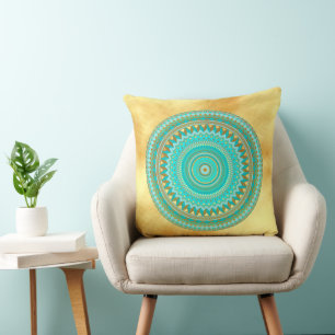 Mandala Iris blue brown gold on Soft Gold Bg Cushion