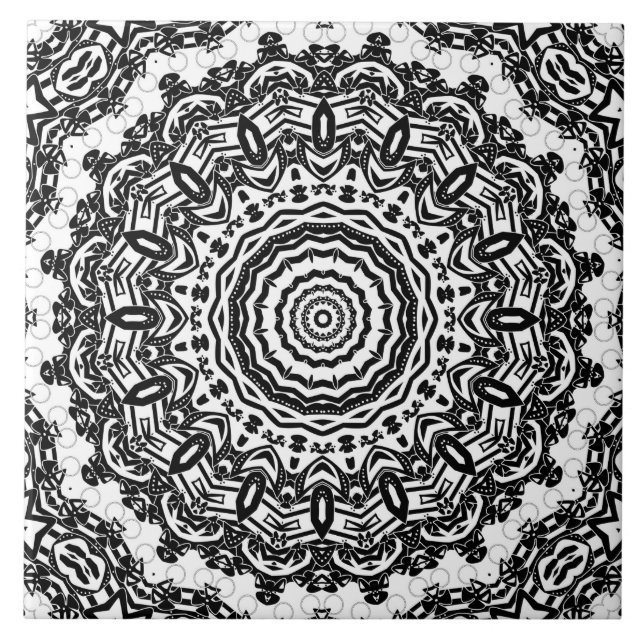 Mandala, kaleidoscope, black and white, ornament ceramic tile (Front)