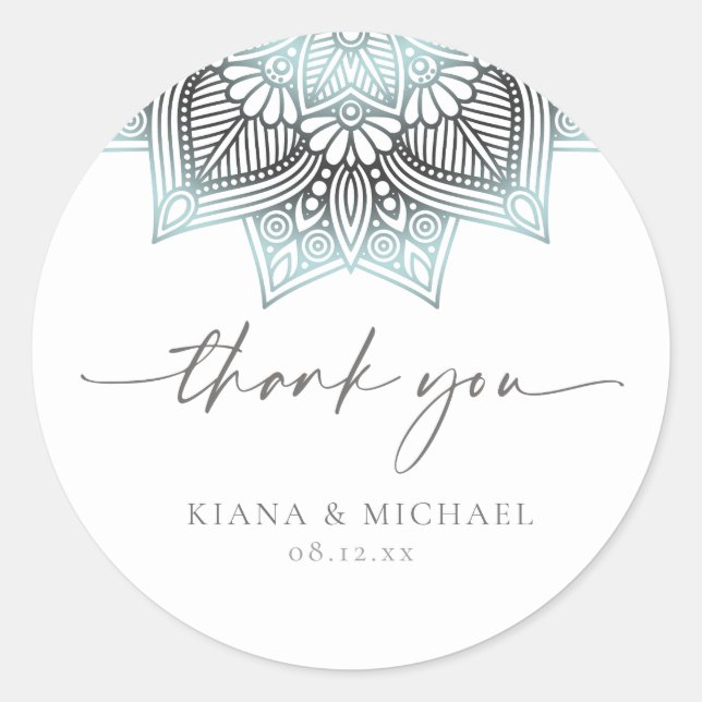 Mandala Lace Wedding Thank You Lt. Blue ID968  Classic Round Sticker (Front)