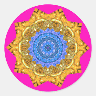 Mandala Magic Blue & Gold on Fuchsia Classic Round Sticker