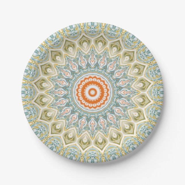 Mandala Medallion in Green, Blue and Orange Paper Plate (Front)