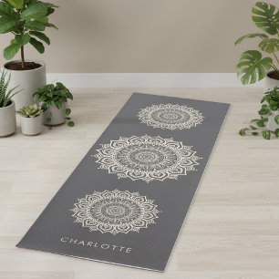 Mandala Meditation Charcoal Gray Custom Name Yoga Mat