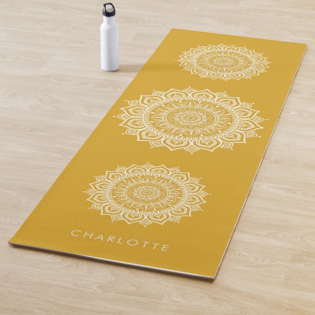 Mandala Meditation Golden Yellow Custom Name  Yoga Mat (In Situ)