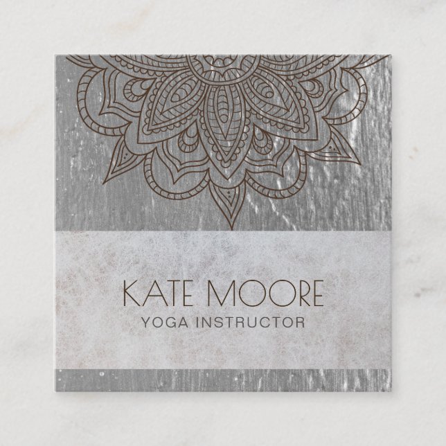 Mandala Metallic Silver Yoga Square Business Card (Front)
