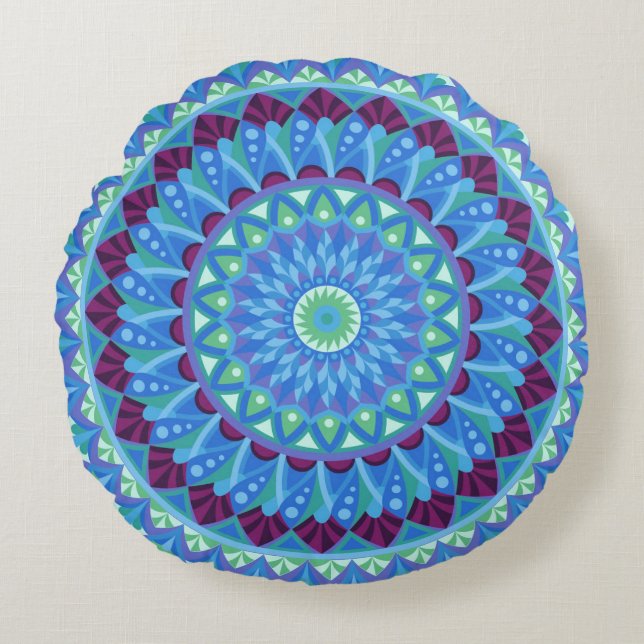 Mandala Midnight Dreams Blue Boho Zen Round Cushion (Front)