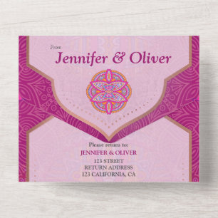 Mandala mix in Cerise Pink Blues & Orange All In One Invitation