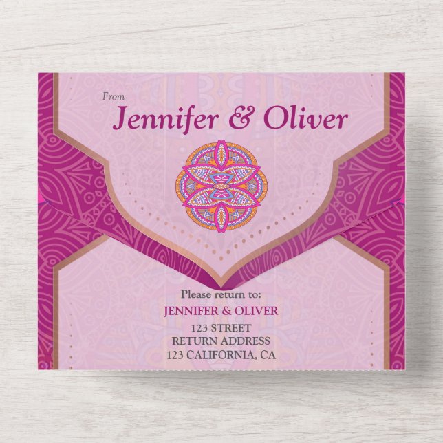 Mandala mix in Cerise Pink Blues & Orange All In One Invitation (Back)