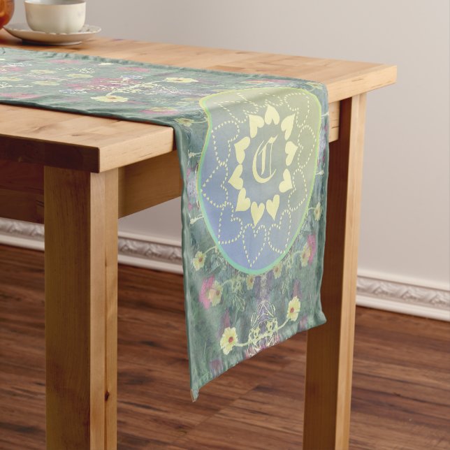 Mandala Monogram on Wildflower Symmetry Short Table Runner (In Situ)