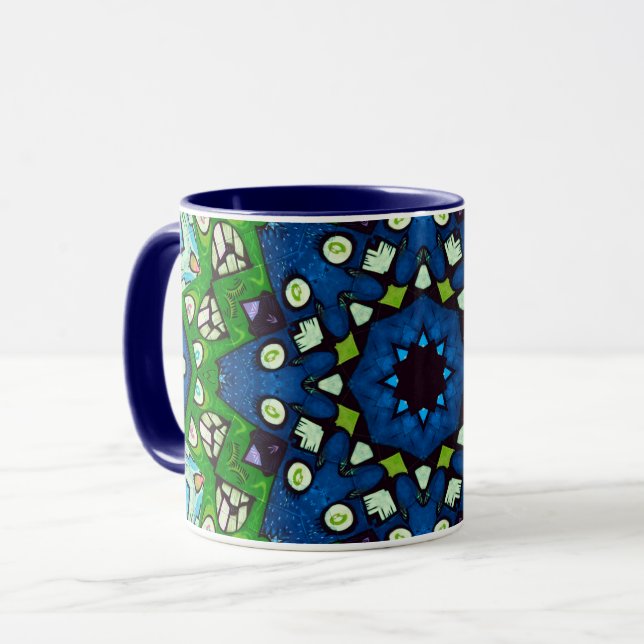 Mandala Mosaic Geometric Green Blue Retro Hippie Mug (Front Left)