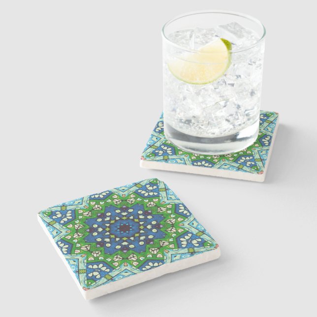 Mandala Mosaic Geometric Green Blue Retro Hippie Stone Coaster (Side)