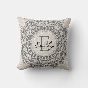 Mandala Name Monogram Monochrome Light Grey Cushion