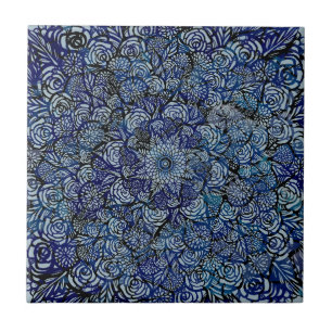 Mandala Nature Floral Bold Blue Floral Geometry Ceramic Tile