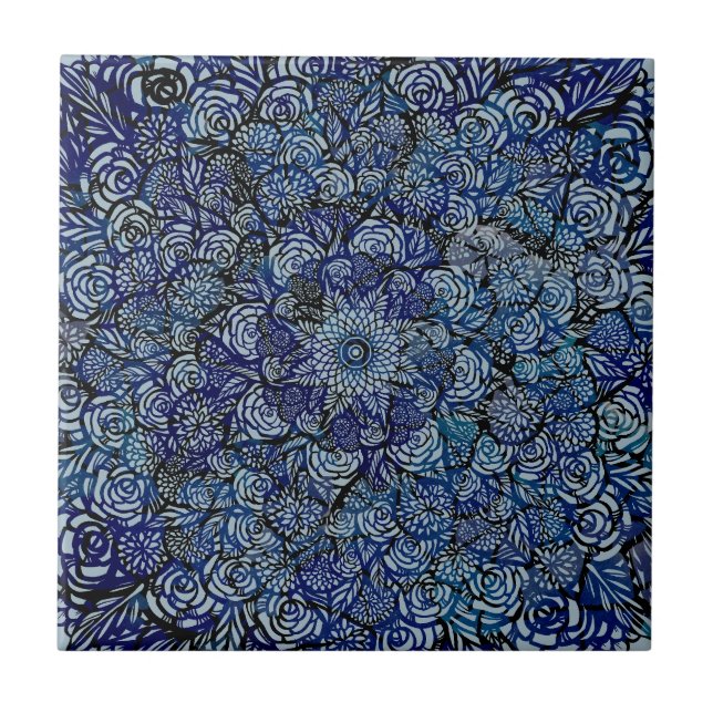 Mandala Nature Floral Bold Blue Floral Geometry  Ceramic Tile (Front)