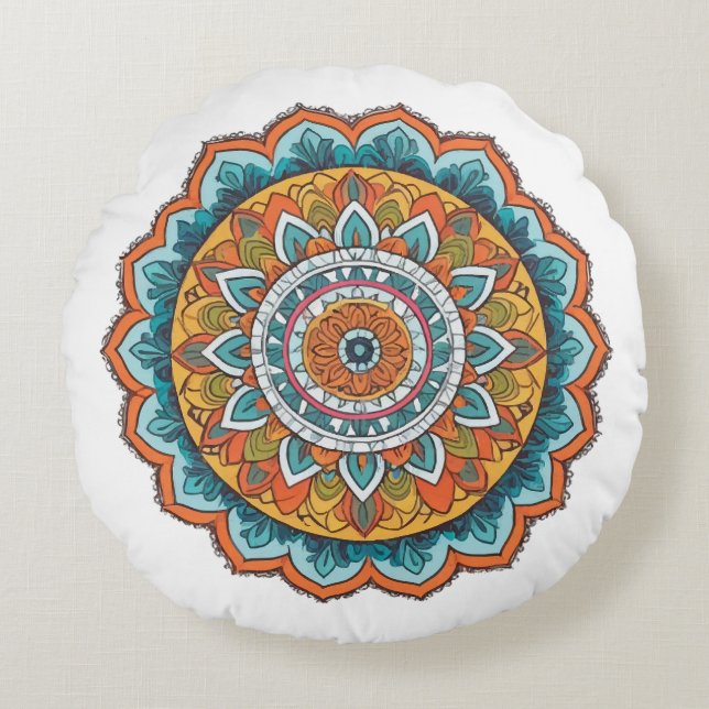 mandala of various colours round cushion (Front)