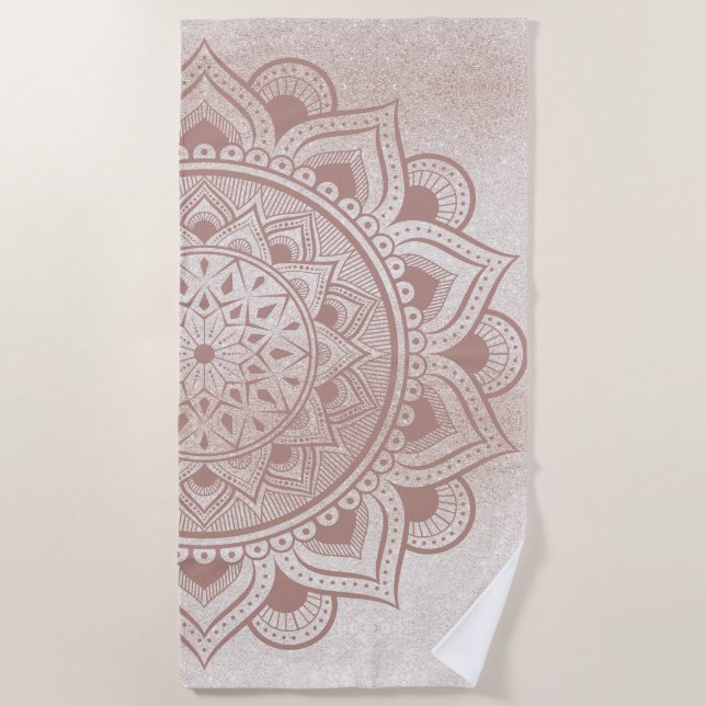Mandala Om Glitter Rose Gold Dusty Pink Chic Yogi Beach Towel (Front)