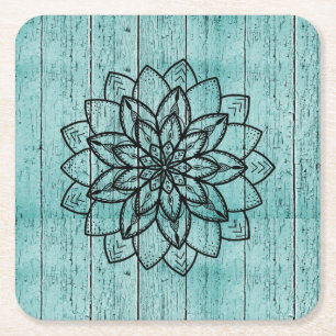Mandala on Blue Wood Square Paper Coaster