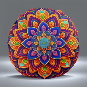 Mandala Orange Blue Abstract Illustration Round Cushion