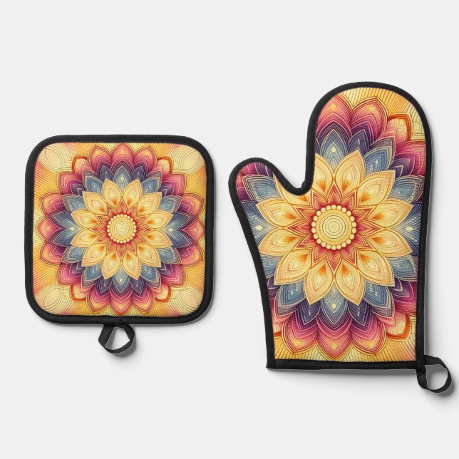 Mandala Oven Gloves Mitt & Pot Holder Set (Front)