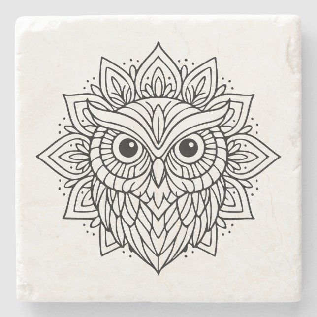 Mandala Owl Head Line Art Stone Coaster (Front)