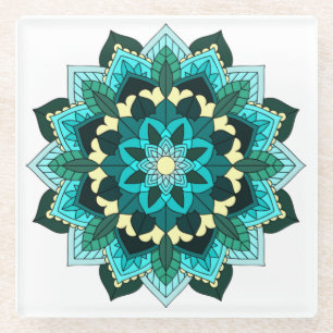 Mandala Pattern 02 in aqua Glass Coaster