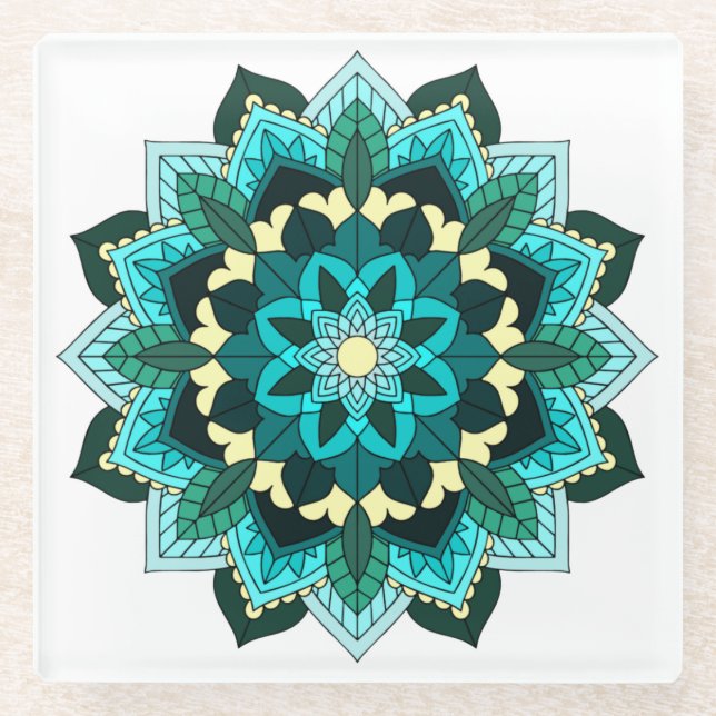 Mandala Pattern 02 in aqua Glass Coaster (Front)