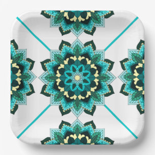 Mandala Pattern 02 in aqua Paper Plate