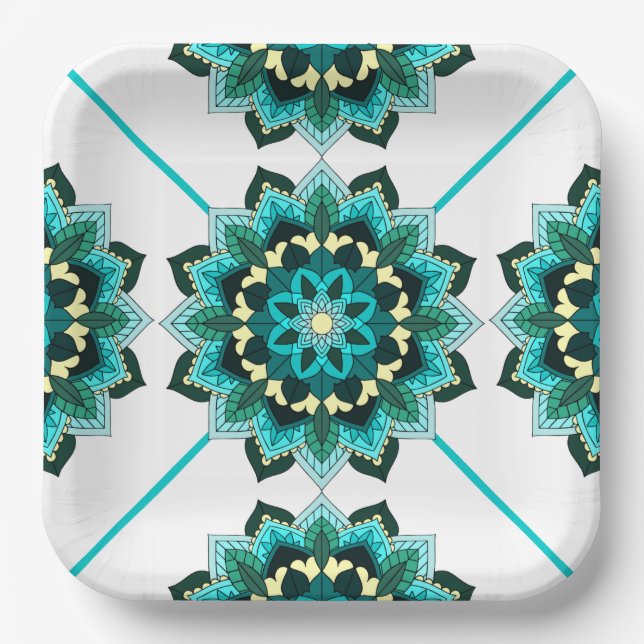 Mandala Pattern 02 in aqua Paper Plate (Front)