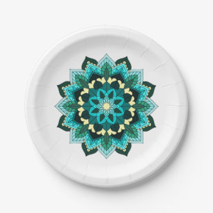 Mandala Pattern 02 in aqua Paper Plate