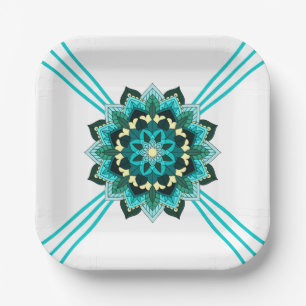 Mandala Pattern 02 in aqua Paper Plate