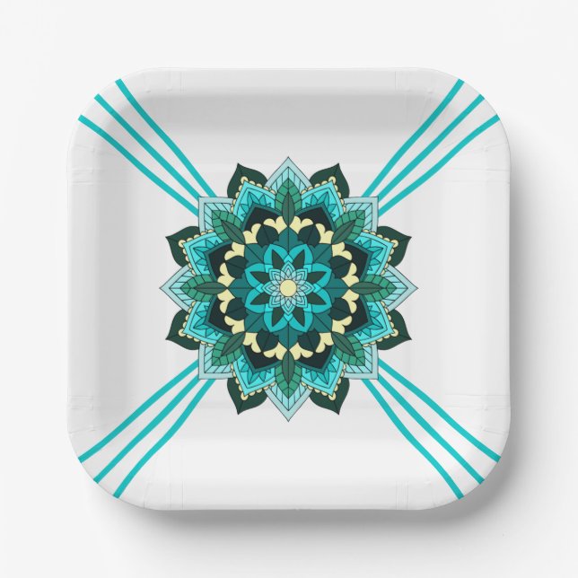 Mandala Pattern 02 in aqua Paper Plate (Front)
