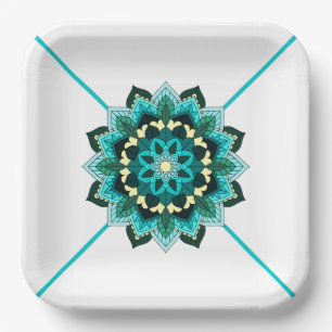 Mandala Pattern 02 in aqua Paper Plate